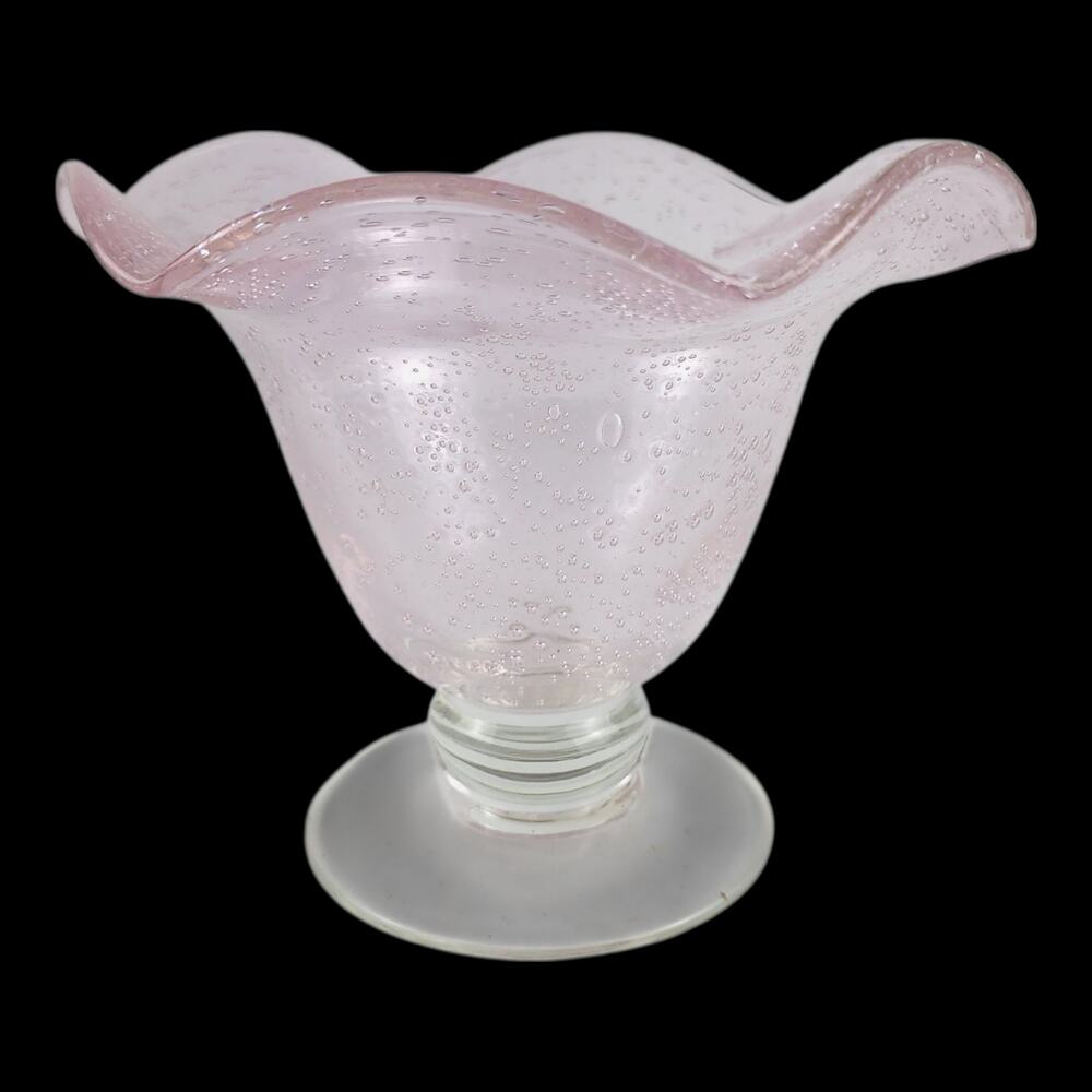 VTG Art Glass Pink Bubble Glass Footed Centerpieces, Bowl, Handblown